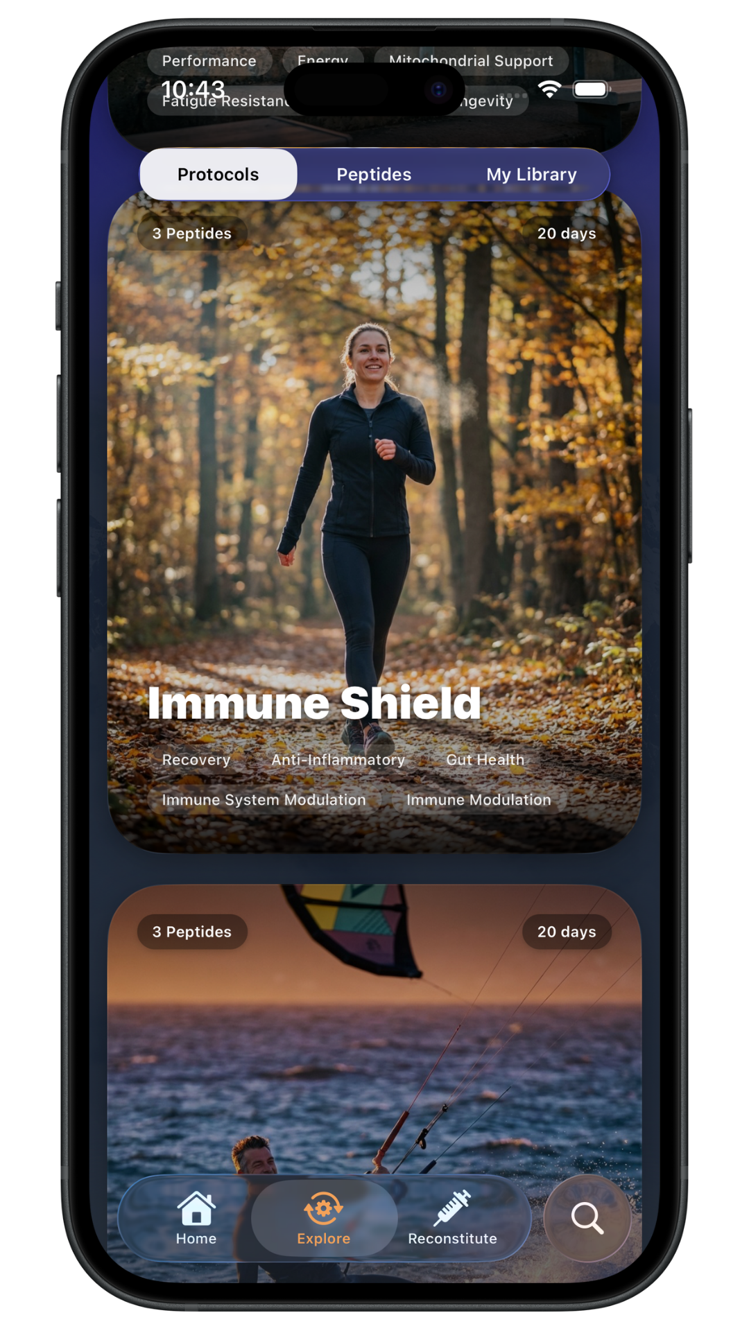 The Peptide App — Explore screen